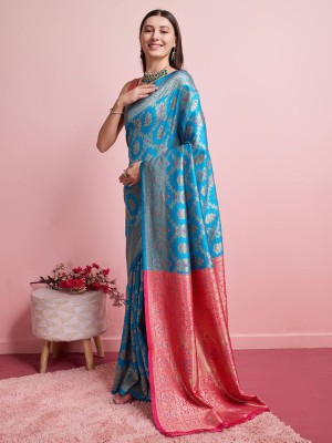 Blue & Gold Ethnic Motif Woven Design Zari Rich Banarasi Indian Saree with Heavy Blouse Piece