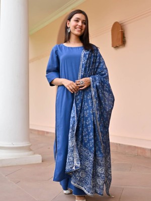 Neelam Indigo Blue Printed Indian Ethnic Straight Salwar Kameez Kurti Pant Set for Women - Set of 3