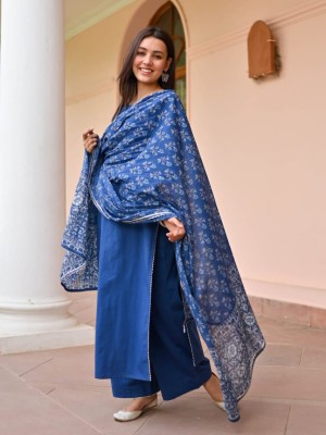 Neelam Indigo Blue Printed Indian Ethnic Straight Salwar Kameez Kurti Pant Set for Women - Set of 3