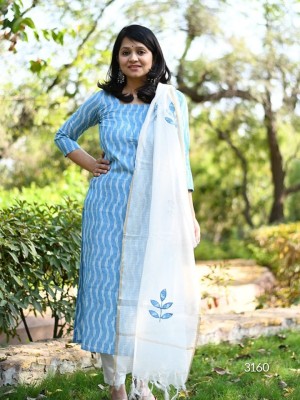 Blue White Ethnic Printed Indian Straight Salwar Kameez Kurti Pant Embroidered Dupatta Set for Women
