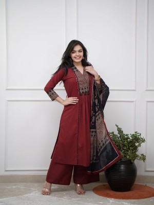 Maroon V-Neck Ethnic Printed Indian Nayra Cut Salwar Kameez Kurti Pant Embroidered Dupatta Set for Women