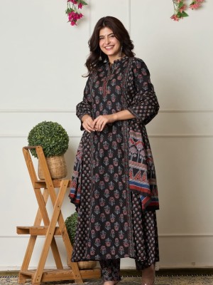 Black Aline Ethnic Printed Indian Pakistani Salwar Kameez Kurti Pant Dupatta Set for Women
