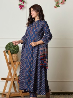 Blue Aline Ethnic Printed Indian Pakistani Salwar Kameez Kurti Pant Dupatta Set for Women