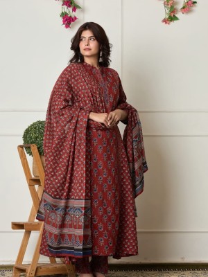 Red Aline Ethnic Printed Indian Pakistani Salwar Kameez Kurti Pant Dupatta Set for Women