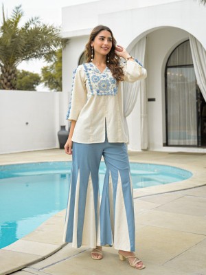 New Designer Embroidery Top with Kali Pant Cotton Co Ord Set For Women - Set Of 2