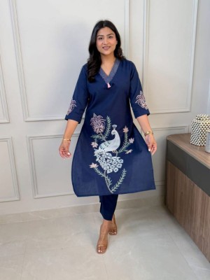 Blue Peacock Embroidery Work Cotton Co Ord Set For Women - Set Of 2