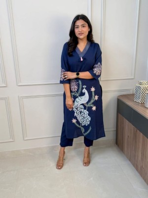 Blue Peacock Embroidery Work Cotton Co Ord Set For Women - Set Of 2