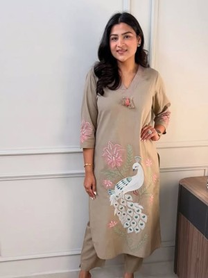 Beige Peacock Embroidery Work Cotton Co Ord Set For Women - Set Of 2