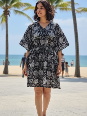 Black Free Size Cotton Hand Block Floral Printed Short Kaftan Maxi Summer Dress Beach Cover Up Boho Hippy Tunic