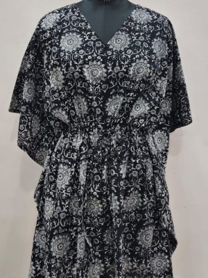 Black Free Size Cotton Hand Block Floral Printed Short Kaftan Maxi Summer Dress Beach Cover Up Boho Hippy Tunic