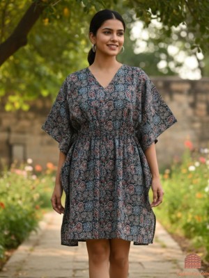 Blue Free Size Cotton Hand Block Floral Printed Short Kaftan Maxi Summer Dress Beach Cover Up Boho Hippy Tunic