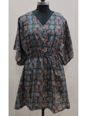 Blue Free Size Cotton Hand Block Floral Printed Short Kaftan Maxi Summer Dress Beach Cover Up Boho Hippy Tunic