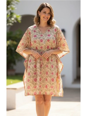 Women's Cotton Yellow  V-Neck Half Sleeve Floral Print Kaftan, Summer Dress, Beach Cover