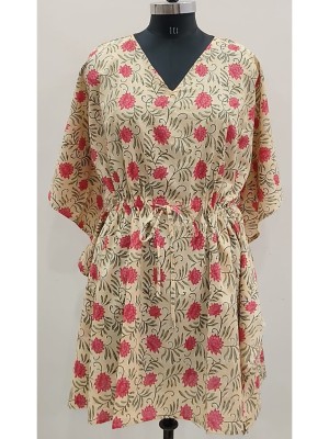 Women's Cotton Yellow  V-Neck Half Sleeve Floral Print Kaftan, Summer Dress, Beach Cover