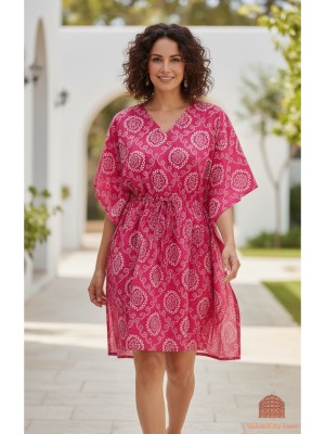 Women's Cotton Pink Bandhani Printed  V-Neck Half Sleeve Kaftan, Summer Dress, Beach Cover