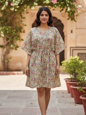 Women's Cotton Yellow  V-Neck Half Sleeve Floral Print Short Caftan Summer Dress Beach Cover Tunic