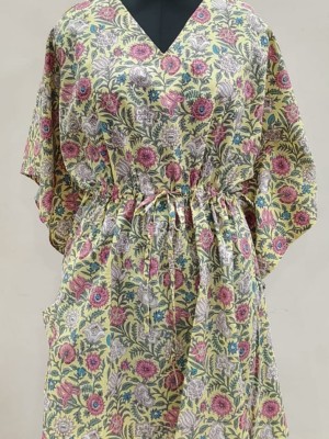Women's Cotton Yellow  V-Neck Half Sleeve Floral Print Short Caftan Summer Dress Beach Cover Tunic