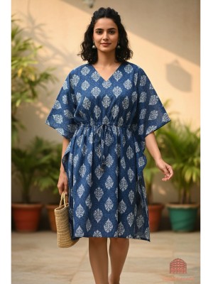 Blue Free Size Cotton Printed Short Kaftan Maxi Summer Dress Beach Cover Up Boho Tunic