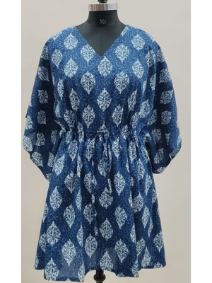Blue Free Size Cotton Printed Short Kaftan Maxi Summer Dress Beach Cover Up Boho Tunic