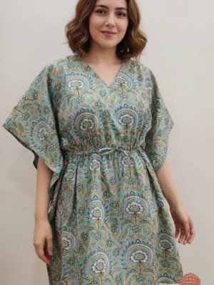 Light Grey Free Size Cotton Printed Short Kaftan Maxi Dress Summer Beach Cover Up Boho Tunic for Women Casual Wear