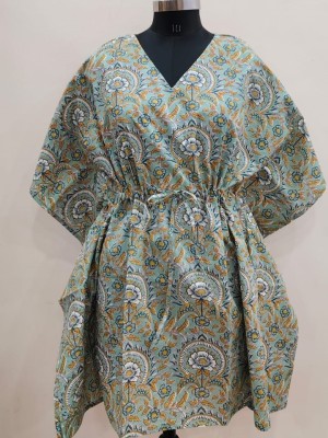 Light Grey Free Size Cotton Printed Short Kaftan Maxi Dress Summer Beach Cover Up Boho Tunic for Women Casual Wear