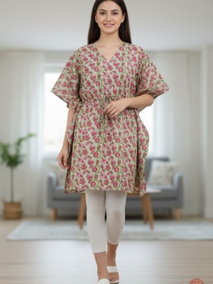 Light Green Cotton Free Size Printed Kaftan Short Maxi Summer Dress Boho Tunic Beachwear Cover Up for Women Stylish Comfortable Outfit