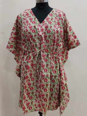 Light Green Cotton Free Size Printed Kaftan Short Maxi Summer Dress Boho Tunic Beachwear Cover Up for Women Stylish Comfortable Outfit