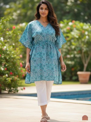 Blue Women's Free Size Cotton Kaftan Printed Short Maxi Dress Boho Beach Tunic Summer Cover Up Holiday Outfit