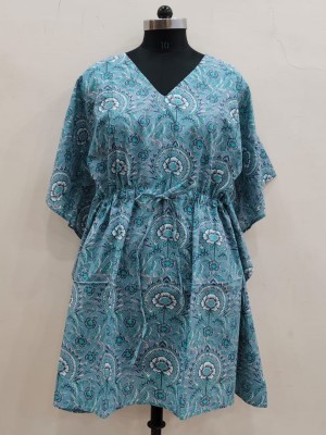 Blue Women's Free Size Cotton Kaftan Printed Short Maxi Dress Boho Beach Tunic Summer Cover Up Holiday Outfit