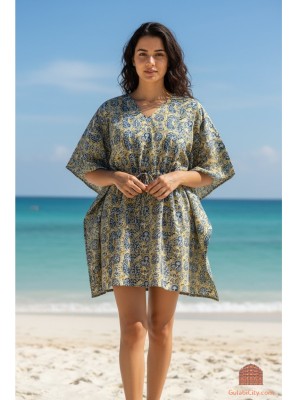 Women's Free Size Beige Cotton Kaftan Floral Printed Short Maxi Dress Boho Beach Tunic Summer Cover Up Holiday Outfit