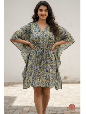 Women's Free Size Beige Cotton Kaftan Floral Printed Short Maxi Dress Boho Beach Tunic Summer Cover Up Holiday Outfit