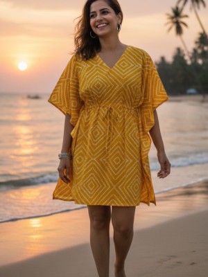 Women's Free Size Yellow Cotton Kaftan Printed Short Maxi Dress Boho Summer Beach Cover Up Holiday Outfit