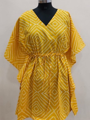 Women's Free Size Yellow Cotton Kaftan Printed Short Maxi Dress Boho Summer Beach Cover Up Holiday Outfit