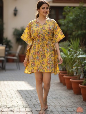 Women's Cotton Yellow V-Neck Half Sleeve Floral Print Kaftan, Summer Dress, Beach Cover Up
