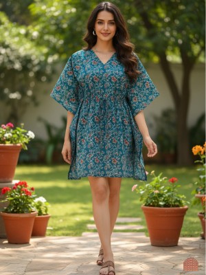 Blue Floral Jaal Boho Cotton Kaftan Short Maxi Dress Women's Free Size Summer Printed Tunic Beach Cover Up Resort Outfit
