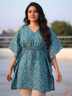 Blue Floral Jaal Boho Cotton Kaftan Short Maxi Dress Women's Free Size Summer Printed Tunic Beach Cover Up Resort Outfit