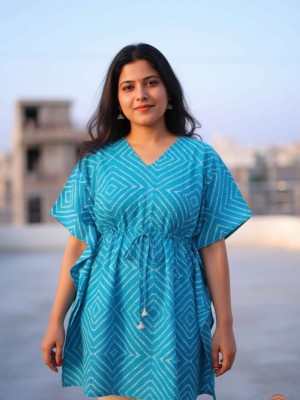 Women's Free Size Blue Cotton Kaftan Printed Short Maxi Dress Boho Summer Beach Cover Up Holiday Outfit