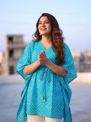 Women's Free Size Blue Cotton Kaftan Printed Short Maxi Dress Boho Summer Beach Cover Up Holiday Outfit