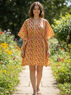 Yellow Stylish Cotton Printed Kaftan Maxi Dress Free Size Women's Short Summer Boho Tunic Beach Cover Up Outfit