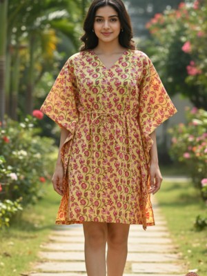 Yellow Stylish Cotton Printed Kaftan Maxi Dress Free Size Women's Short Summer Boho Tunic Beach Cover Up Outfit