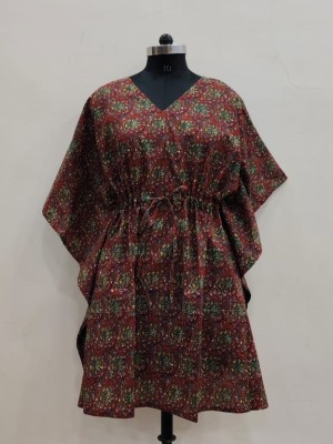 Maroon Free Size Cotton Short Kaftan Maxi Dress Floral Printed Summer Tunic for Women Boho Beachwear Cover Up Holiday Wear