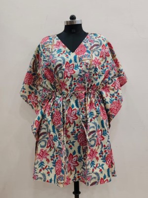 White Casual Boho Cotton Kaftan Maxi Dress Free Size Short Floral Print Tunic Summer Beach Cover Up for Women