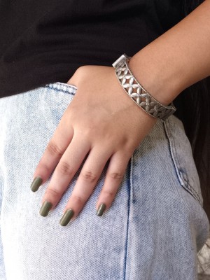 Boho Rustic Silver Oxidised Bracelet Kada Tribal Gypsy Designer Openable Free Size Kangan Bangle for Girls