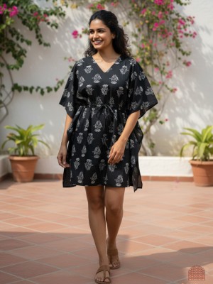 Black Summer Beach Cotton Kaftan Maxi Dress Free Size Boho Tunic Floral Print Short Resort Cover Up Outfit