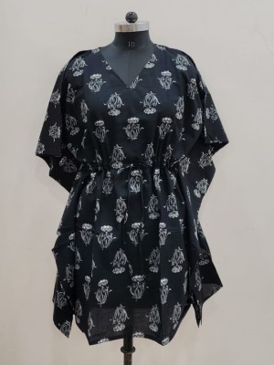 Black Summer Beach Cotton Kaftan Maxi Dress Free Size Boho Tunic Floral Print Short Resort Cover Up Outfit