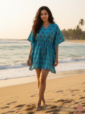 Blue Elegant Boho Kaftan Maxi Dress Cotton Free Size Short Tunic Floral Printed Beach Cover Up Summer Outfit