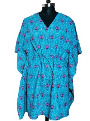 Blue Elegant Boho Kaftan Maxi Dress Cotton Free Size Short Tunic Floral Printed Beach Cover Up Summer Outfit