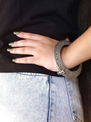 Traditional Floral Designer Silver Oxidised Boho Bracelet Kada Free Size Openable Kangan Bangle for Girls