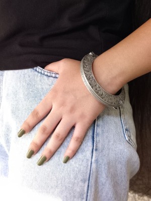 Traditional Floral Designer Silver Oxidised Boho Bracelet Kada Free Size Openable Kangan Bangle for Girls