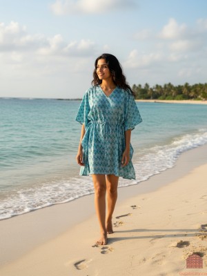 Blue Stylish Cotton Kaftan Maxi Dress Free Size Short Floral Print Tunic Summer Boho Beach Cover Up Outfit